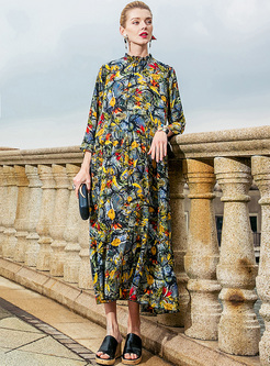 Chic Floral Print Falbala Collar Maxi Dress