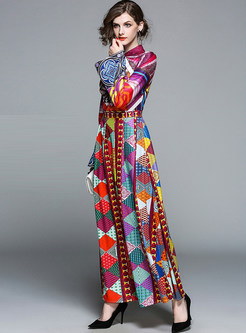 Stylish Color-blocked Stand Collar Maxi Dress