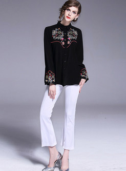 Black Embroidered Turn Down Collar Blouse