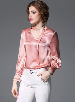 Pink Elegant Asymmetric Collar Blouse