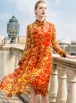 Silk Floral Print Lapel A-line Dress