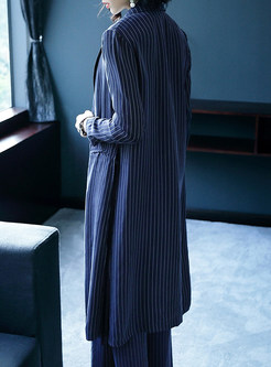 Blue Striped Turn Down Collar Trench Coat