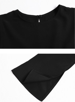 Black Silk Flare Sleeve Asymmetric Blouse