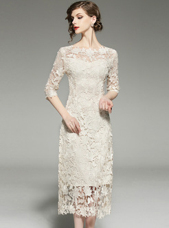 Elegant Hollow Lace Slim A-line Dress