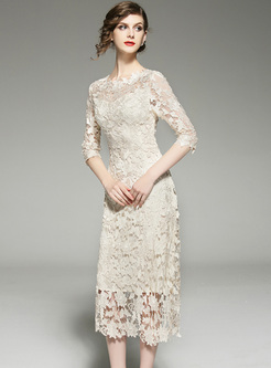 Elegant Hollow Lace Slim A-line Dress