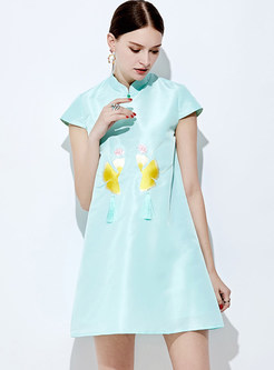 Ethnic Loose Embroidered Mini Shift Dress