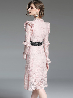 Elegant Lace Falbala Slim A-line Dress