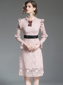Elegant Lace Falbala Slim A-line Dress