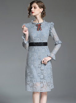 Blue Lace Falbala Slim A-line Dress
