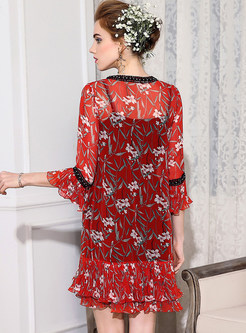 Red Floral Print V-neck Shift Dress With Underskirt