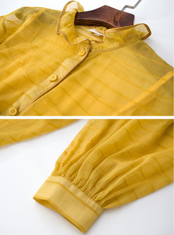 Yellow Single-breasted Stand Collar Shift Dresswith Underskirt