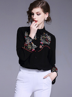 Ethnic Embroidery Stand Collar Blouse