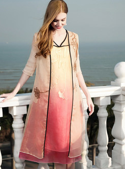 Apricot Embroidered Silk Knee-length Coat