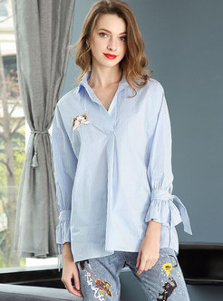 Casual Embroidered Lapel Striped Blouse 