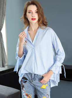 Casual Embroidered Lapel Striped Blouse 