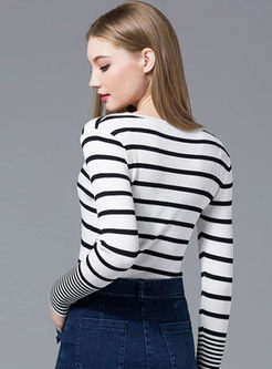 Slim Fit O-neck Striped Color-blocked Sweater