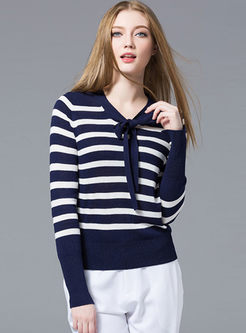 Striped Color-blocked Bowknot Collar Slim Sweater 