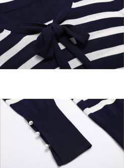 Striped Color-blocked Bowknot Collar Slim Sweater 