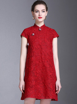Ethnic Loose Button-down Red Lace Shift Dress