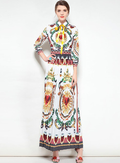 Ethnic Tied Lapel Print Long Dress