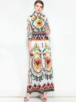 Ethnic Tied Lapel Print Long Dress