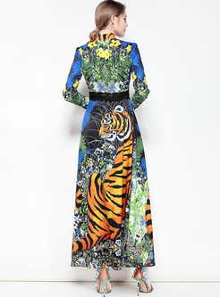 Chic Tiger Pattern Tied-collar Maxi Dress
