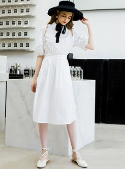 White Off Shoulder Lantern Sleeve A-line Dress