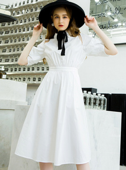 White Off Shoulder Lantern Sleeve A-line Dress