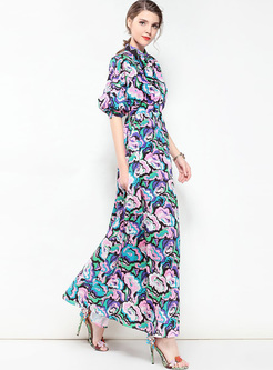 Bohemia Floral Print Lantern Sleeve Maxi Dress