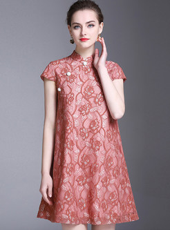 Retro Floral Lace Short Sleeve Shift Dress