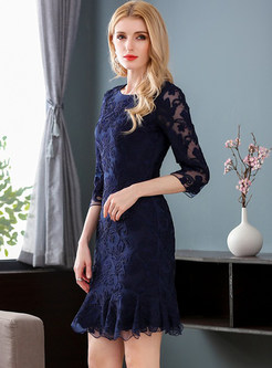 Navy Blue Embroidered Bodycon Mermaid Dress