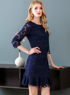 Navy Blue Embroidered Bodycon Mermaid Dress