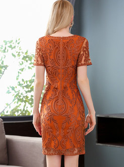Orange Vintage Embroidered Bodycon Dress