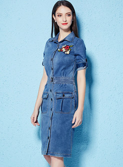 Blue Single-breasted Embroidered Lapel Denim Bodycon Dress