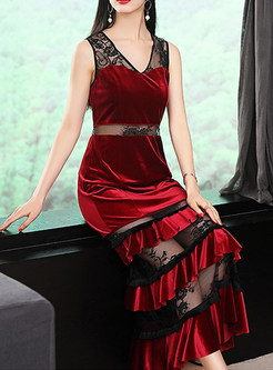Sexy Velvet Splicing Sleeveless Maxi Dress