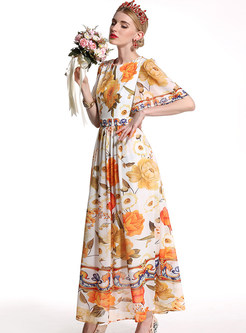 Vintage Floral Print Big Hem Maxi Dress