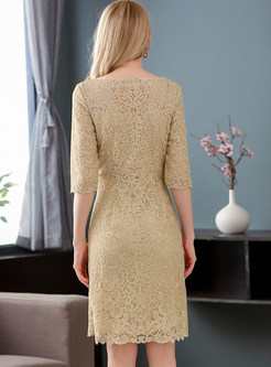 Apricot Three Quarters Sleeve Embroidered A-line Dress