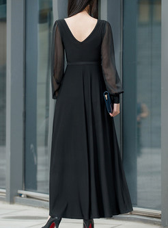 Black V-neck Belted Perspective Maxi Dress