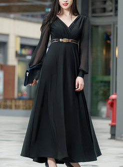 Black V-neck Belted Perspective Maxi Dress