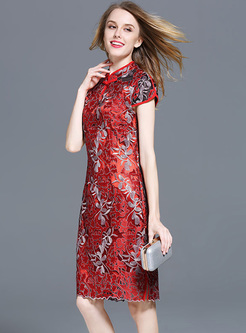 Red Embroidery Improved Cheongsam Dress