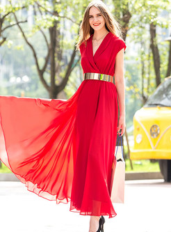 Red V-neck Belted Chiffon Maxi Dress