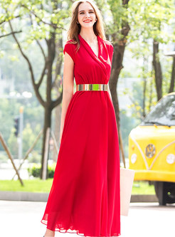 Red V-neck Belted Chiffon Maxi Dress