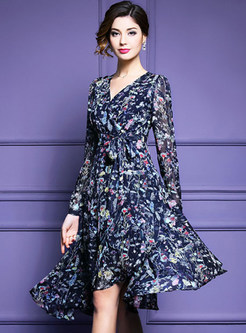 Chiffon Floral Print Belted Asymmetric Dress