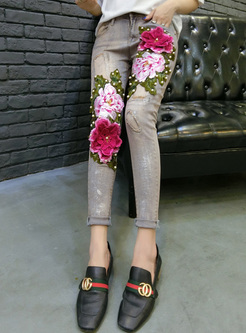 Vintage Sequined Stereoscopic Flower Jeans