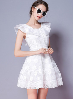 White Falbala Embroidered A-line Dress