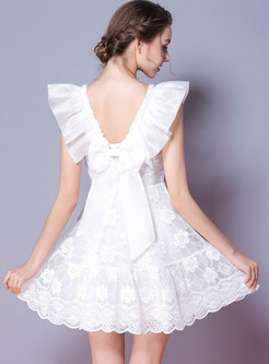 White Falbala Embroidered A-line Dress