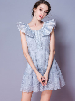 Blue Gathered Waist Falbala A-line Dress