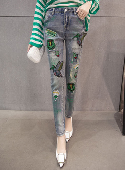 Chic Bees Pattern Pencil Jeans