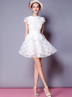 White Hollow Out Short Sleeve A-line Dress