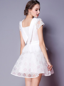 White Hollow Out Short Sleeve A-line Dress